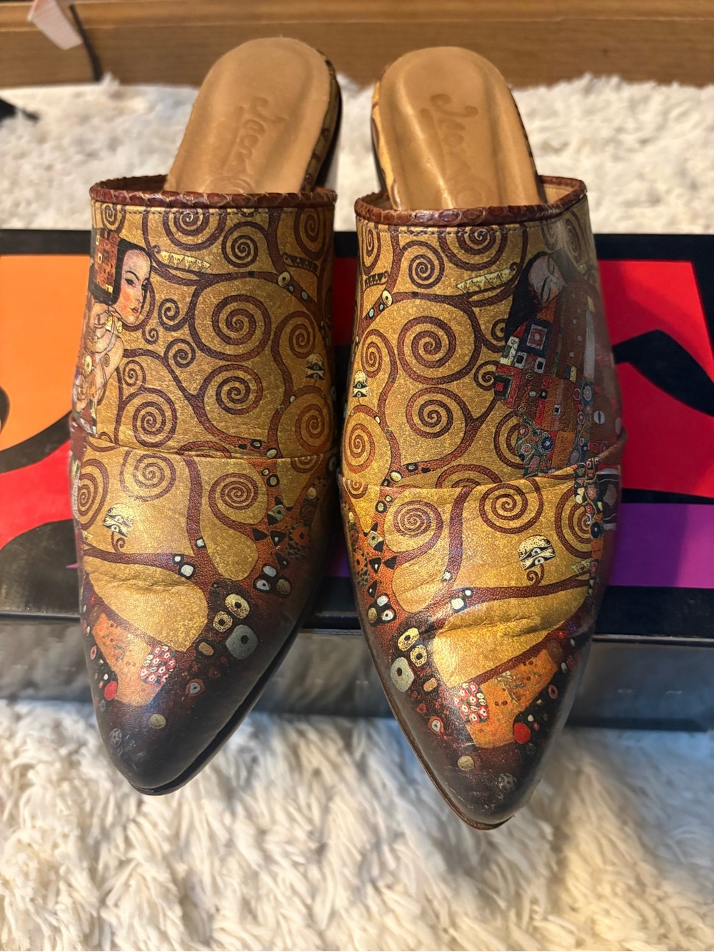 ICON Gold Brown Art-Print Pointed Slip-On Stoclet Frieze Sunny-8 Mules